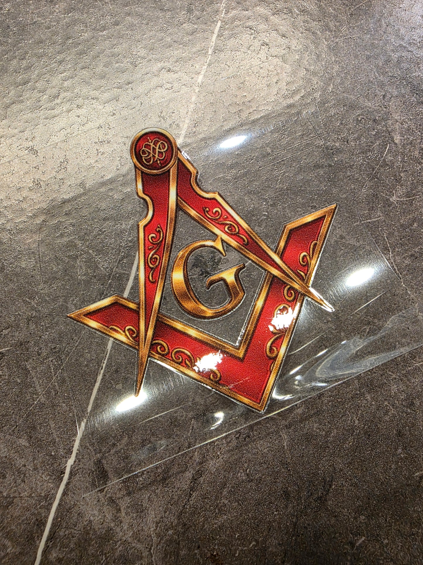 Masonic Square & Compass Decal – Gold & Red Freemason Symbol | UV DTF Transfer