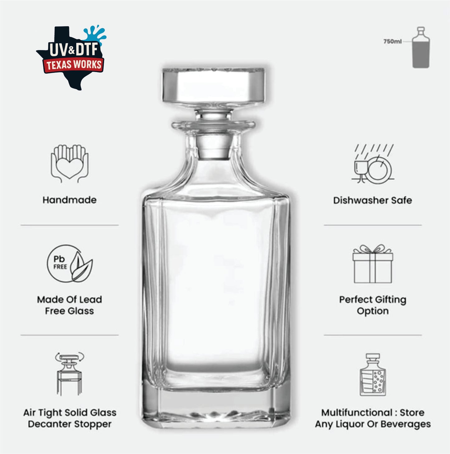 Whiskey Decanter, 750mL UV DTF Printed Customization