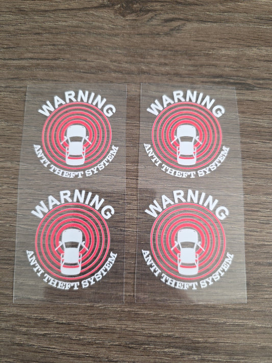 4 Pack Car Alarm Decals – 1.75 x 1.75 Clear UV DTF Security Stickers