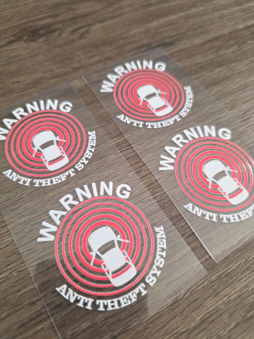 4 Pack Car Alarm Decals – 1.75 x 1.75 Clear UV DTF Security Stickers