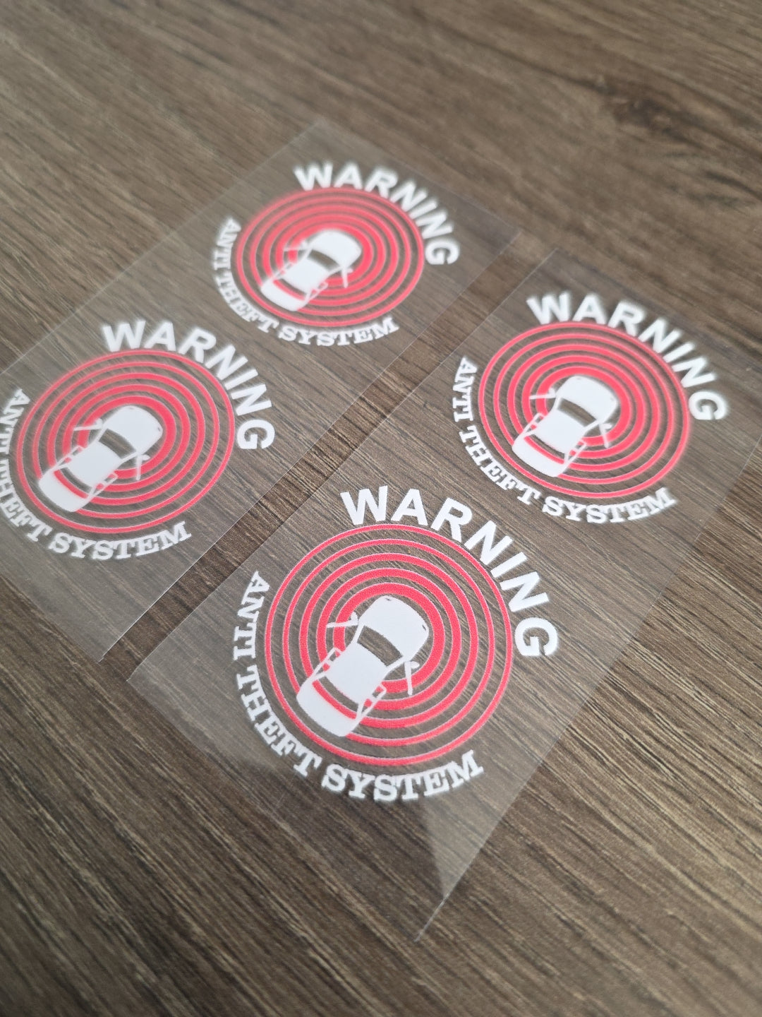 4 Pack Car Alarm Decals – 1.75 x 1.75 Clear UV DTF Security Stickers