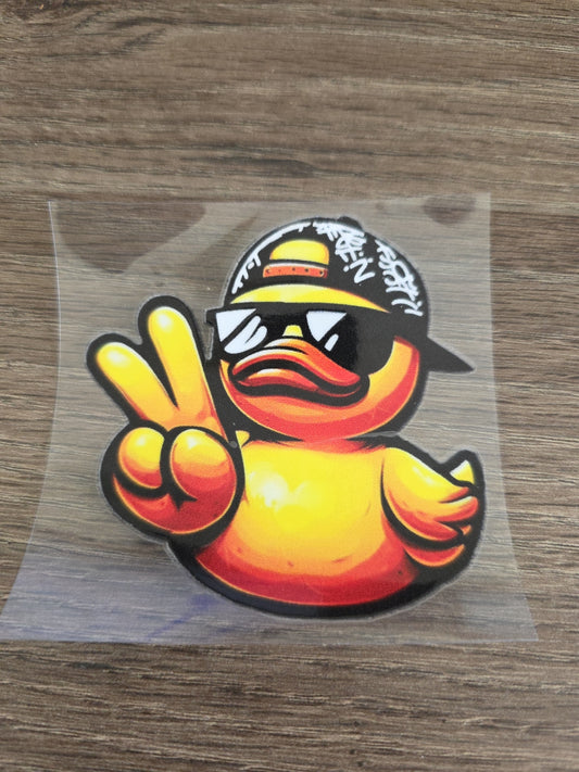 Rubber Duck with Hat & Peace Sign – UV DTF Ducking Decal for Jeep & Vehicle Windows