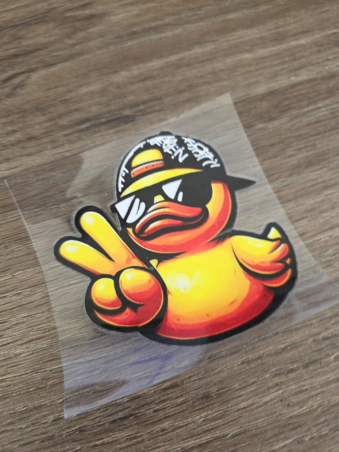 Rubber Duck with Hat & Peace Sign – UV DTF Ducking Decal for Jeep & Vehicle Windows