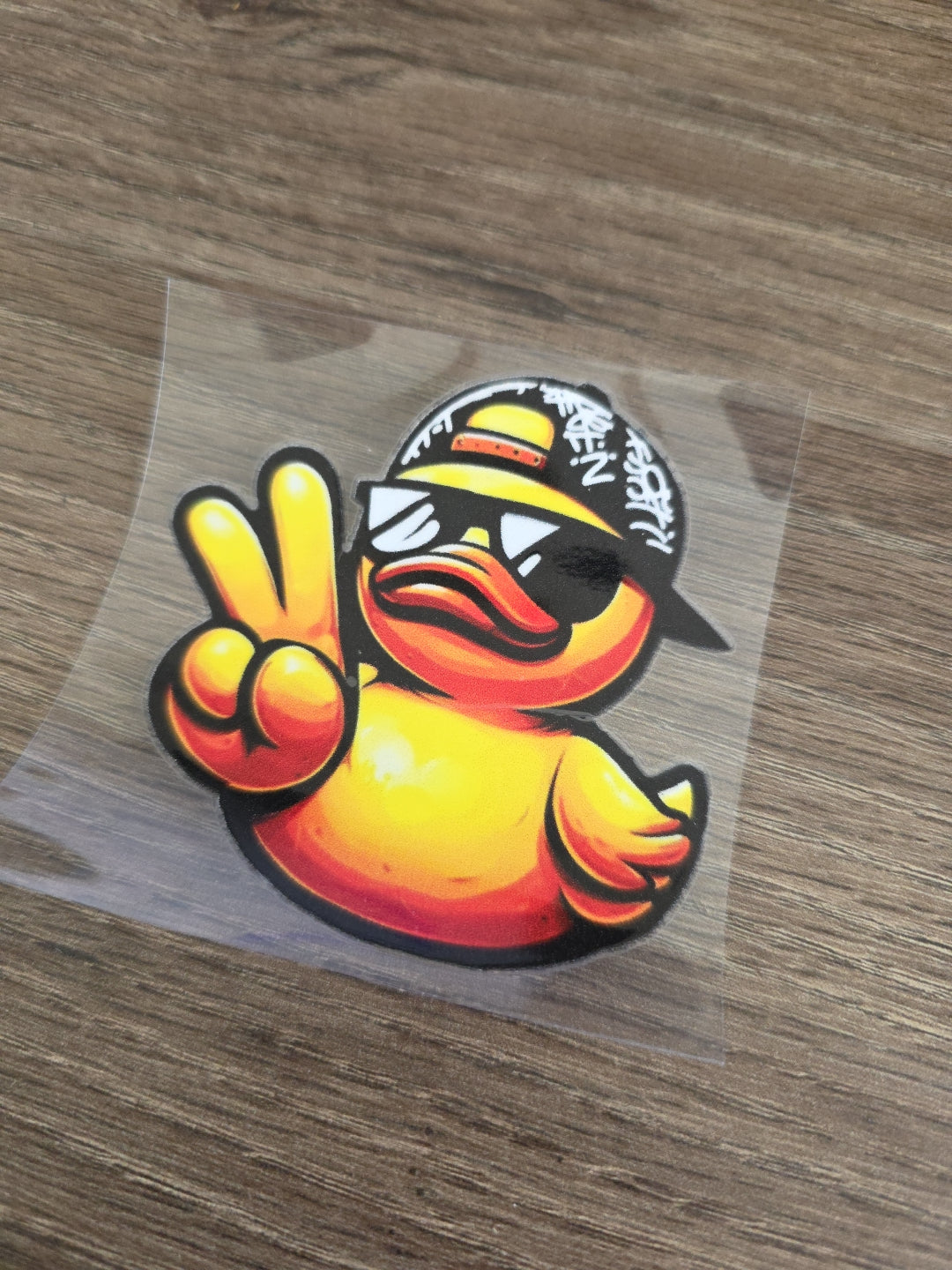 Rubber Duck with Hat & Peace Sign – UV DTF Ducking Decal for Jeep & Vehicle Windows