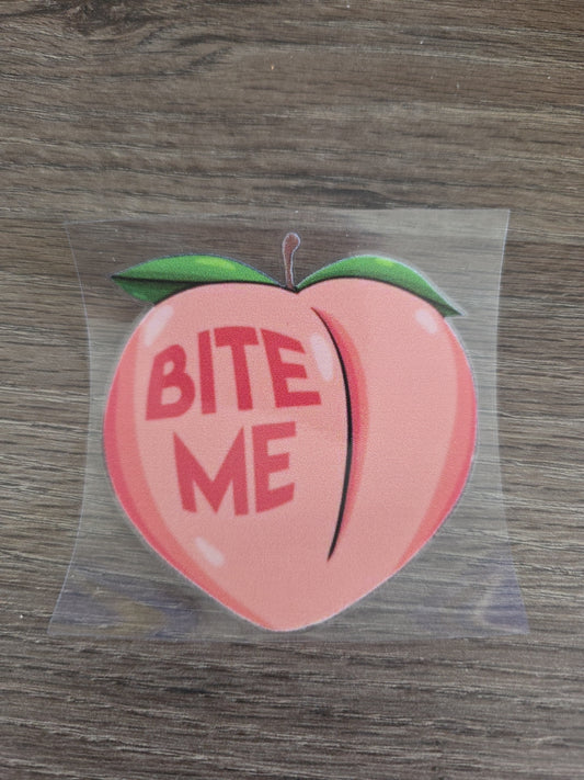 Peach Emoji Bite Me Emoji UV DTF Decal Sticker Waterproof for Hard Surfaces USA