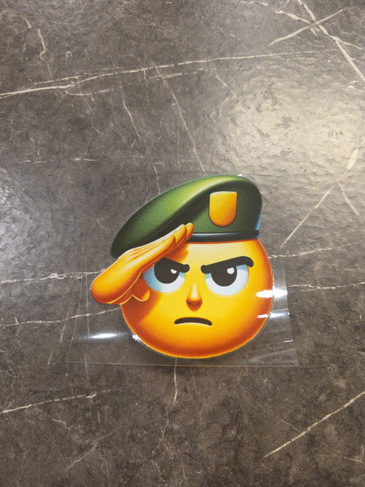 Smiley Face Soldier Salute Emoji UV DTF Decal Sticker In Full Color Waterproof