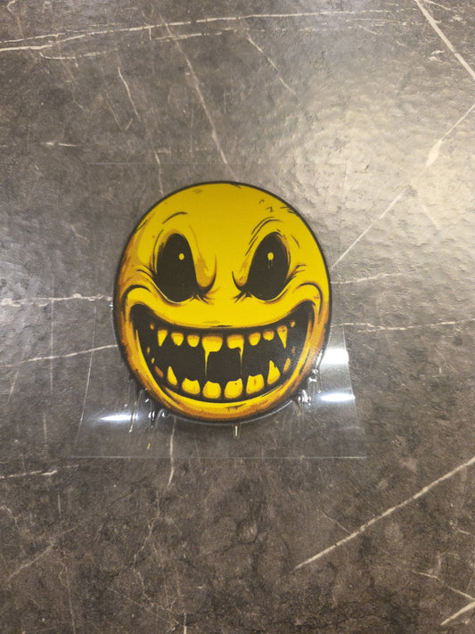 Evil Fanged Smiley Face Emoji UVDTF Raised Decal Sticker Full Color Waterproof