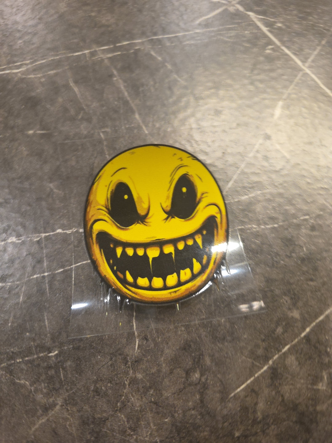Evil Fanged Smiley Face Emoji UVDTF Raised Decal Sticker Full Color Waterproof