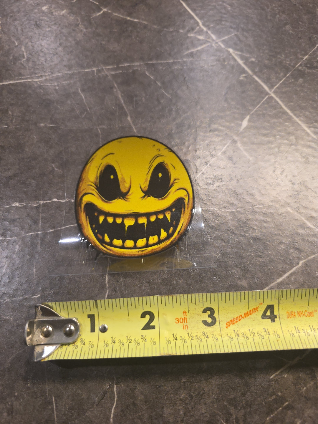 Evil Fanged Smiley Face Emoji UVDTF Raised Decal Sticker Full Color Waterproof