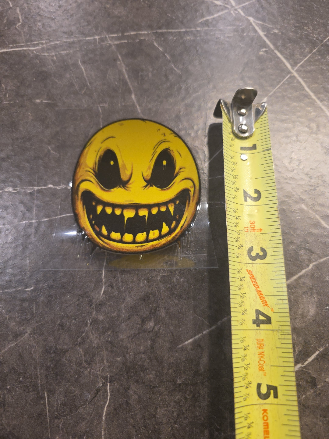 Evil Fanged Smiley Face Emoji UVDTF Raised Decal Sticker Full Color Waterproof