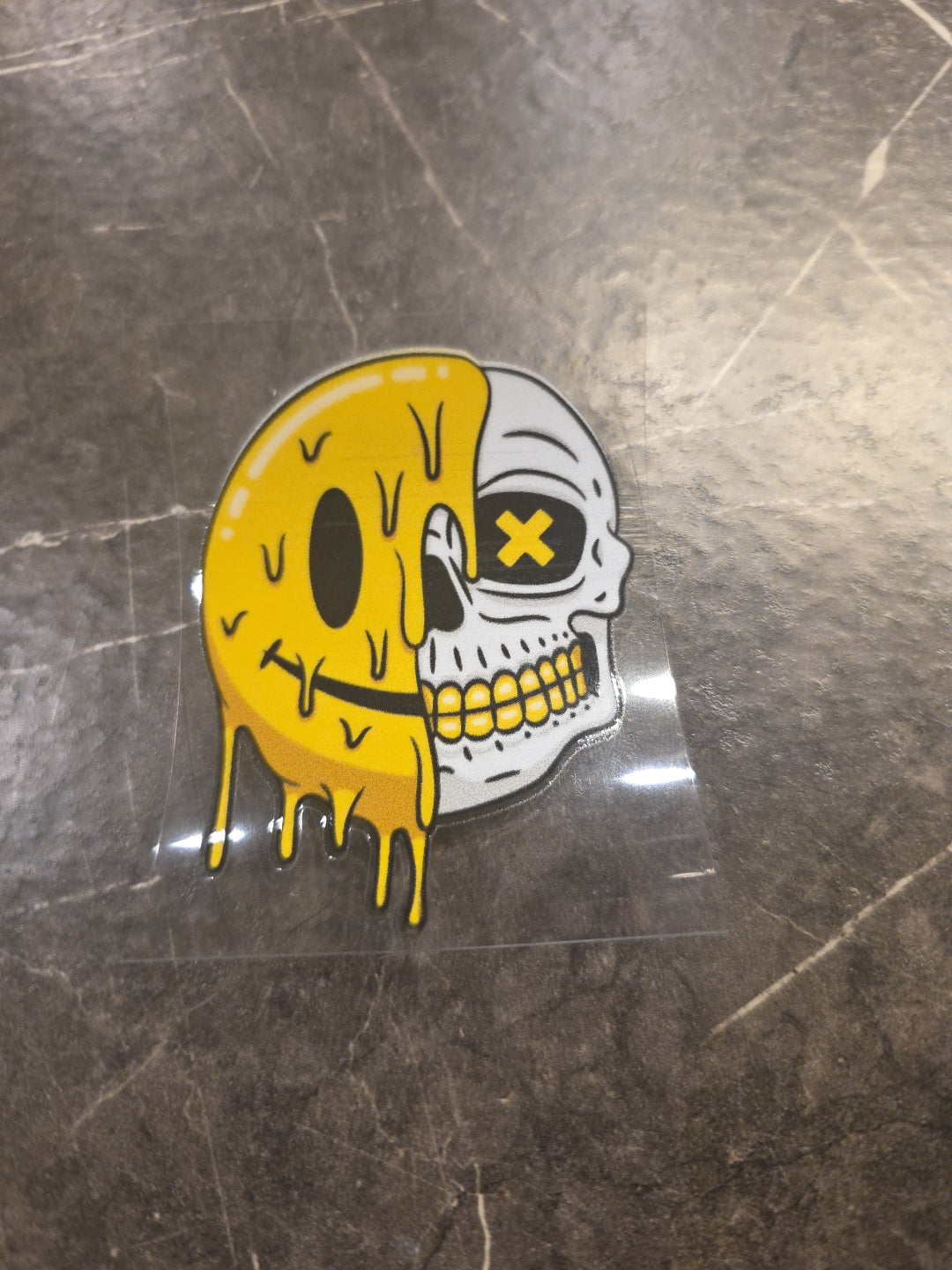 Melting Smiley Face Skull Split UVDTF Raised Decal Sticker Waterproof Gold Grill