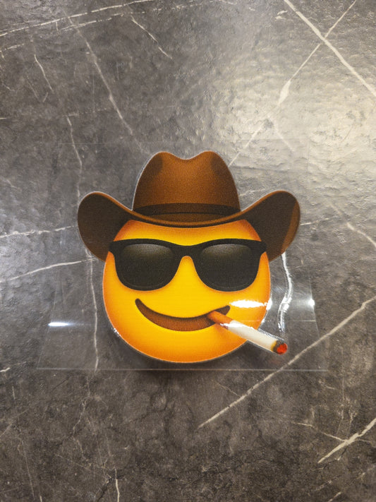 Cowboy Smiley Face Emoji Smoking UVDTF Raised Decal Sticker Waterproof Color
